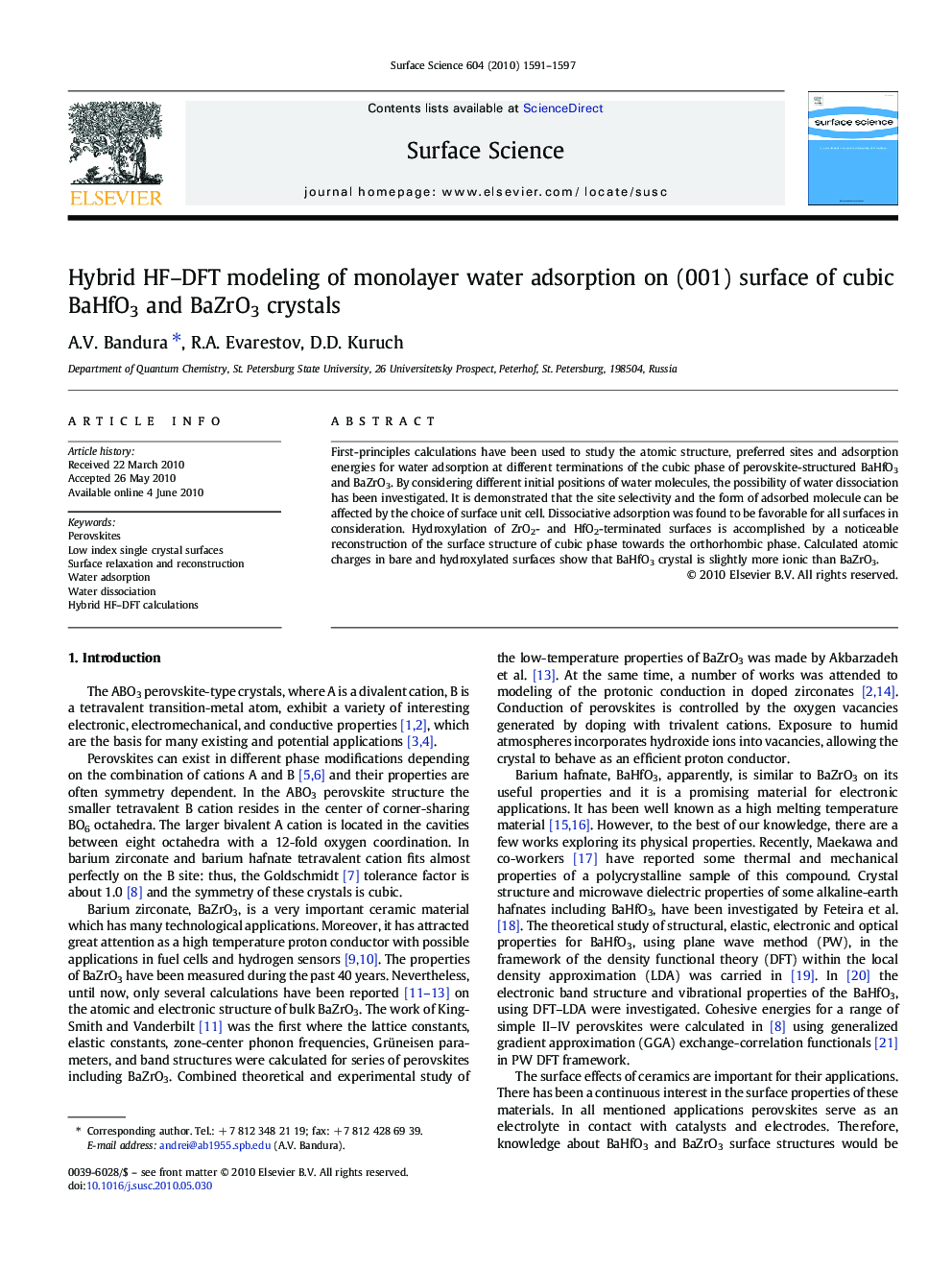 Hybrid HF-DFT modeling of monolayer water adsorption on (001) surface of cubic BaHfO3 and BaZrO3 crystals