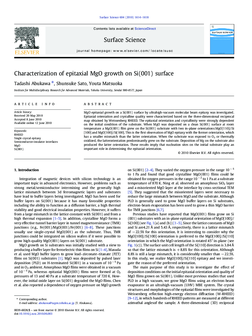 Characterization of epitaxial MgO growth on Si(001) surface