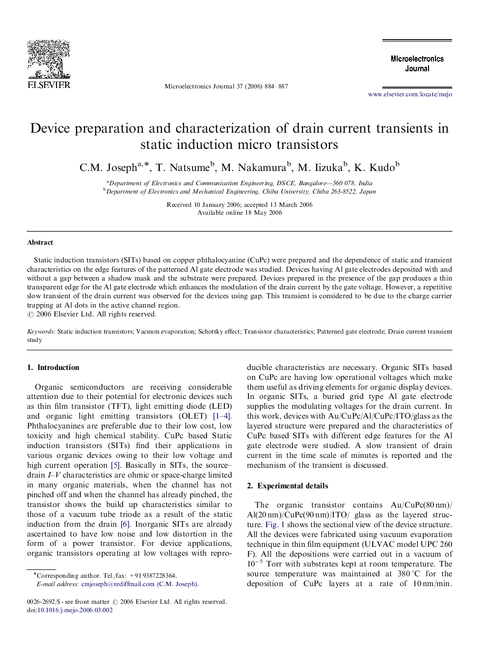 Device preparation and characterization of drain current transients in static induction micro transistors