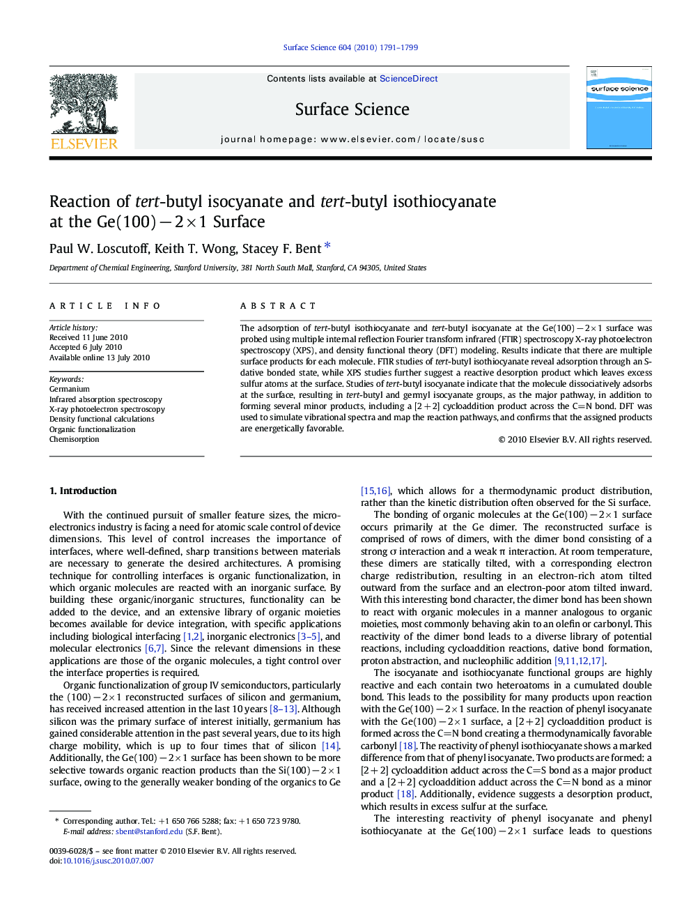 Reaction of tert-butyl isocyanate and tert-butyl isothiocyanate at the Ge(100)Â âÂ 2Â ÃÂ 1 Surface