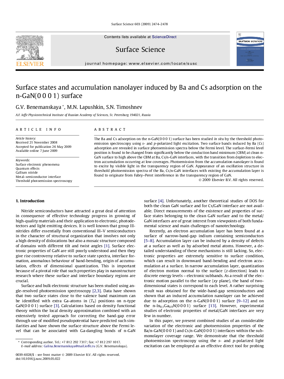 عکس صفحه اول مقاله: Surface states and accumulation nanolayer induced by Ba and Cs adsorption on the n-GaN(0Â 0Â 0Â 1) surface Surface states and accumulation nanolayer induced by Ba and Cs adsorption on the n-GaN(0Â 0Â 0Â 1) surface
