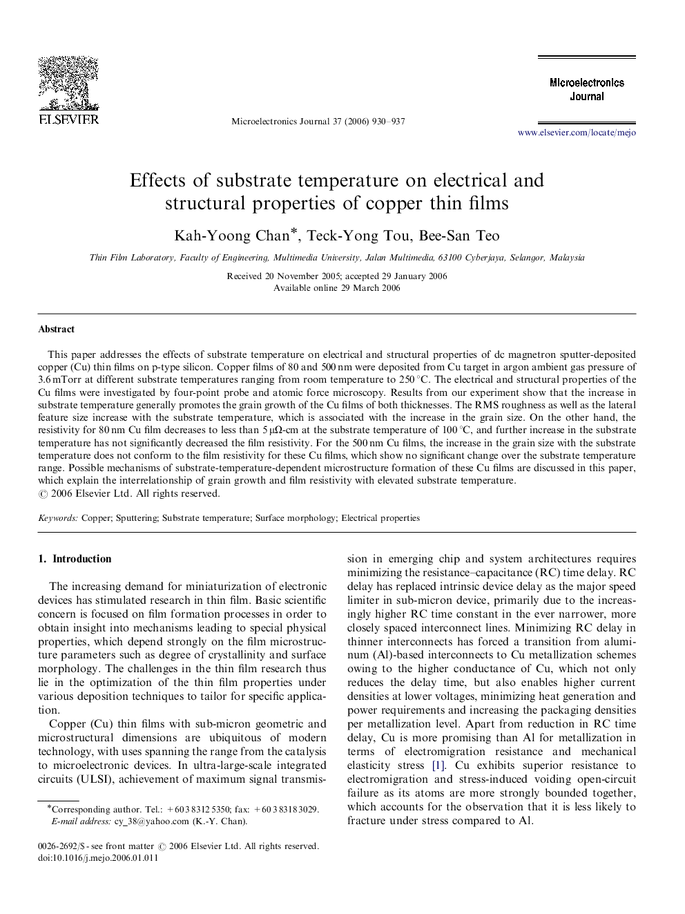 Effects of substrate temperature on electrical and structural properties of copper thin films