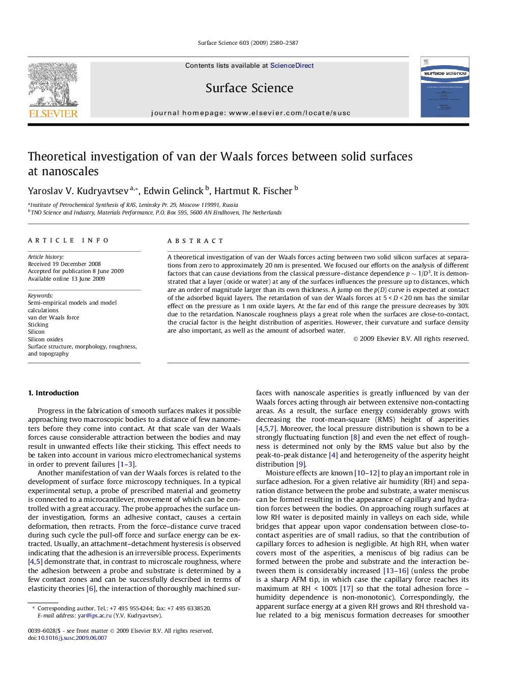 Theoretical investigation of van der Waals forces between solid surfaces at nanoscales