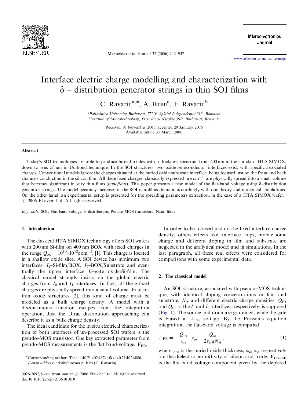 Interface electric charge modelling and characterization with δ – distribution generator strings in thin SOI films