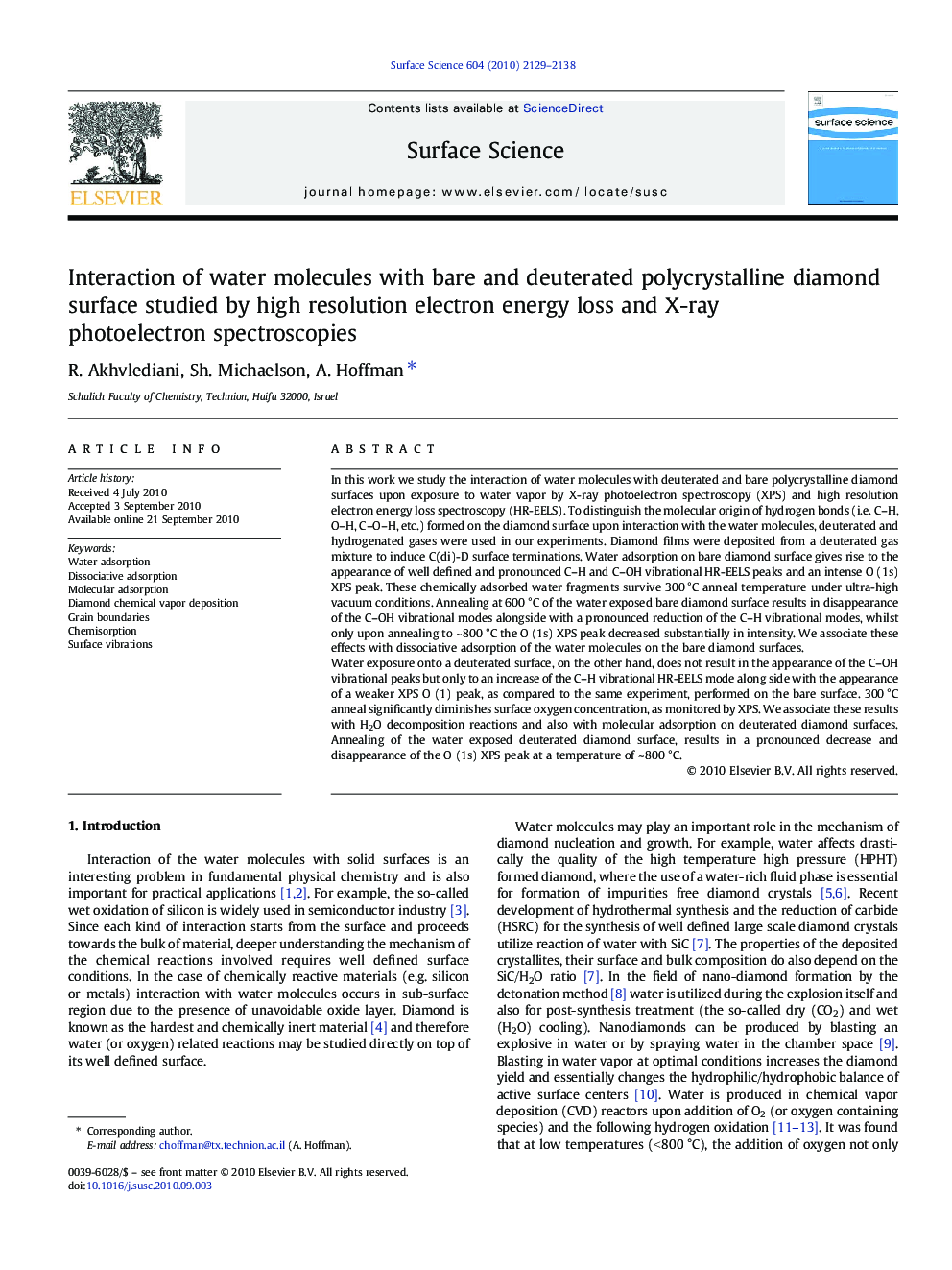 Interaction of water molecules with bare and deuterated polycrystalline diamond surface studied by high resolution electron energy loss and X-ray photoelectron spectroscopies