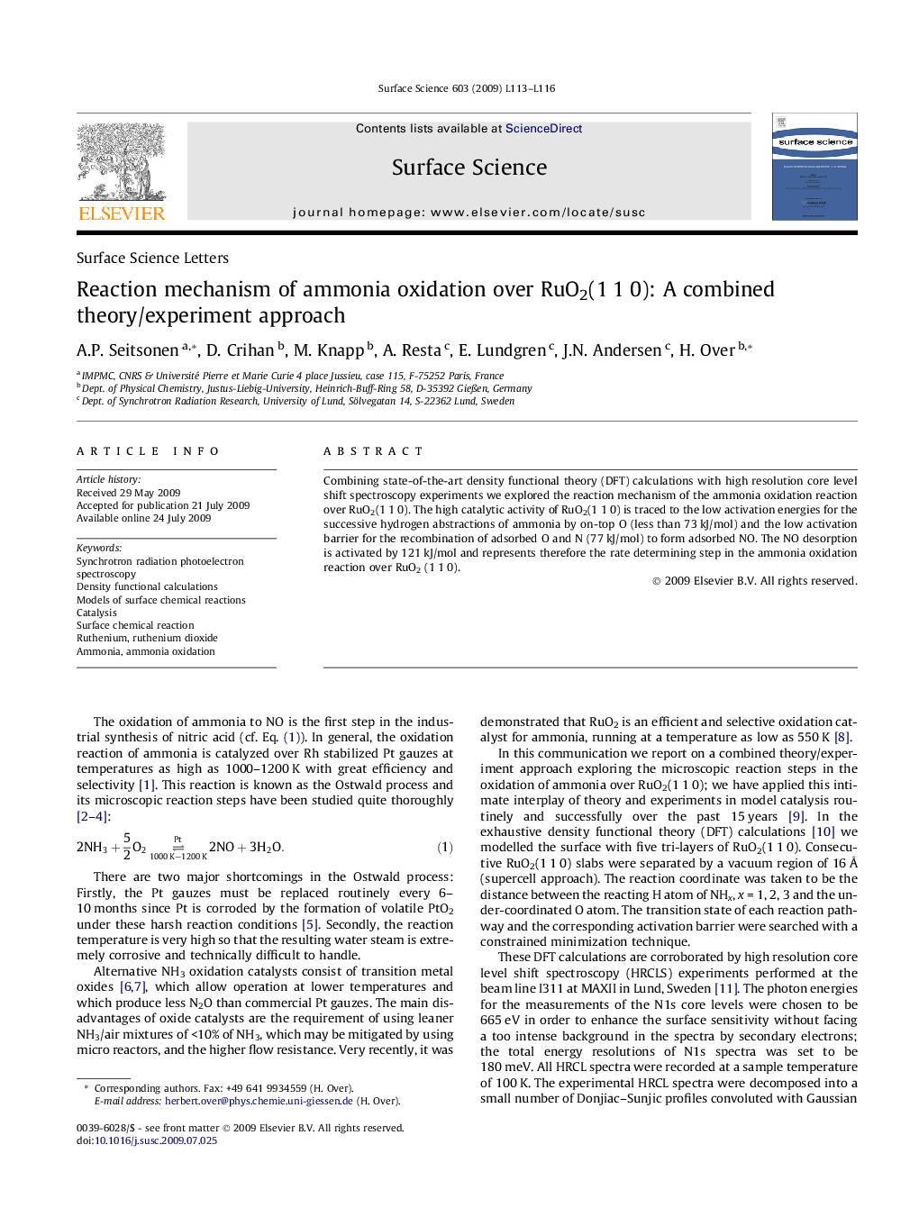 Reaction mechanism of ammonia oxidation over RuO2(1Â 1Â 0): A combined theory/experiment approach