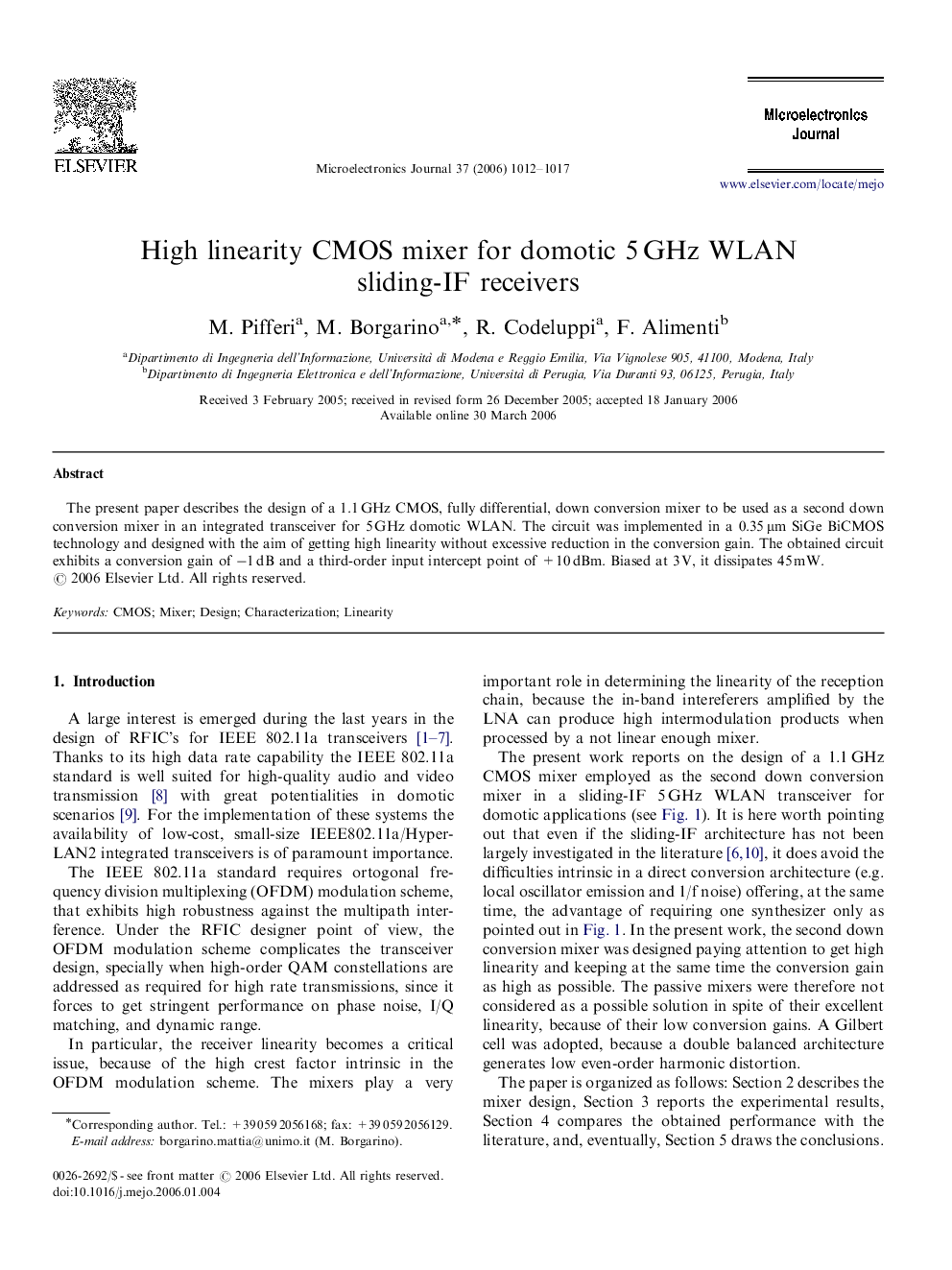 High linearity CMOS mixer for domotic 5 GHz WLAN sliding-IF receivers