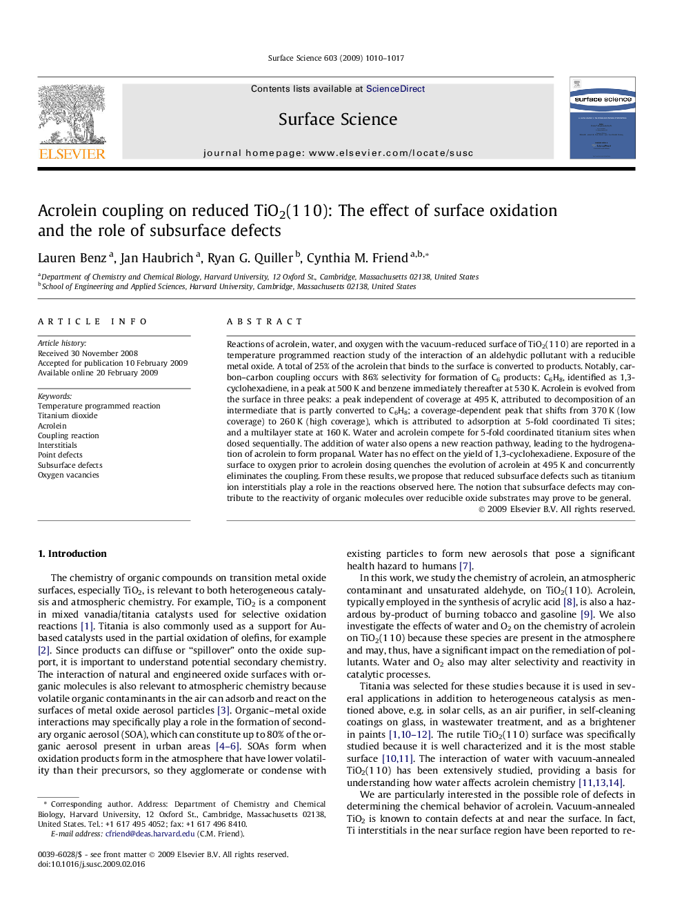 Acrolein coupling on reduced TiO2(1Â 1Â 0): The effect of surface oxidation and the role of subsurface defects