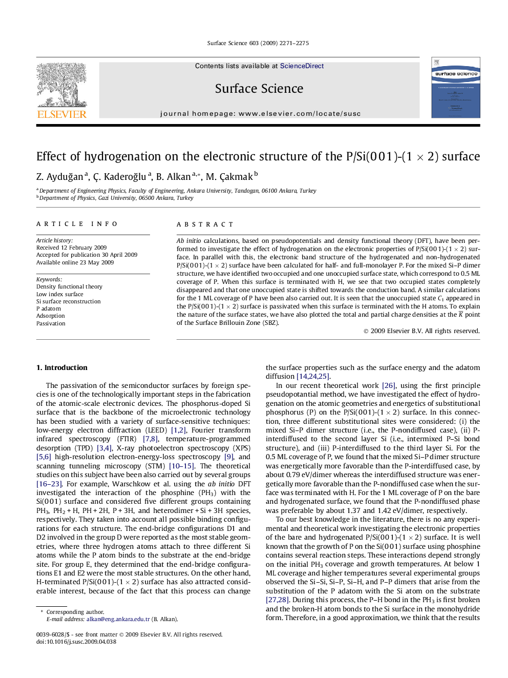 Effect of hydrogenation on the electronic structure of the P/Si(0Â 0Â 1)-(1Â ÃÂ 2) surface