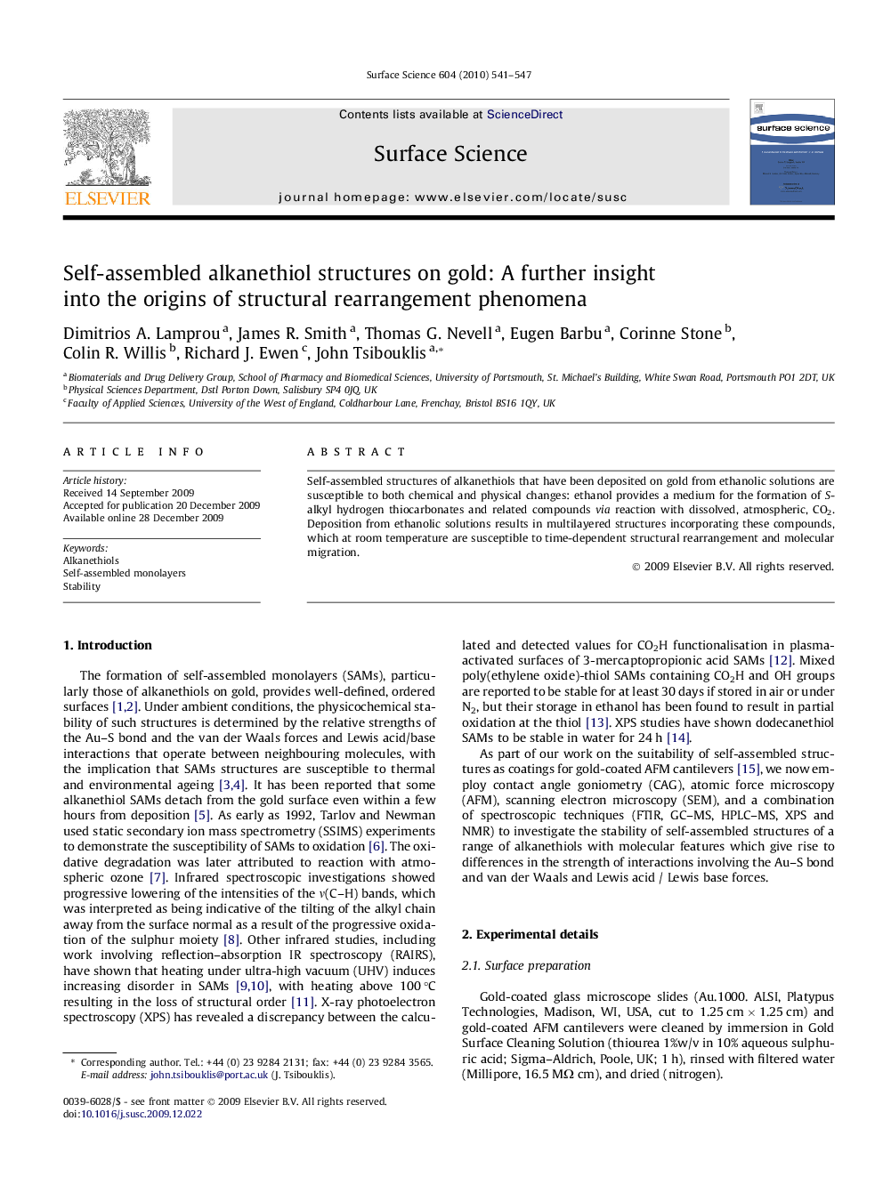 عکس صفحه اول مقاله: Self-assembled alkanethiol structures on gold: A further insight into the origins of structural rearrangement phenomena Self-assembled alkanethiol structures on gold: A further insight into the origins of structural rearrangement phenomena