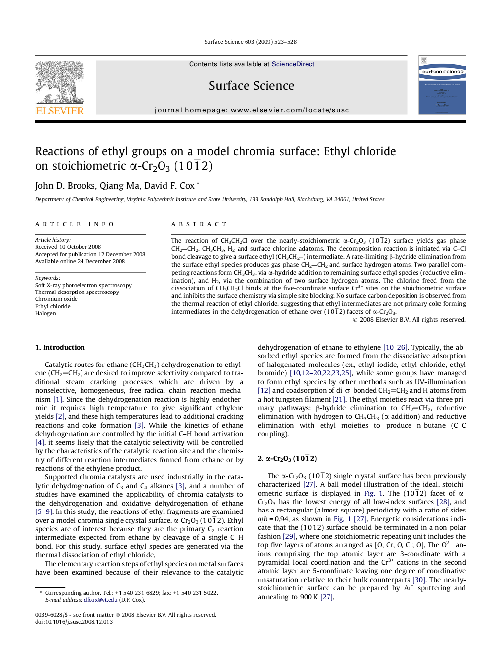 Reactions of ethyl groups on a model chromia surface: Ethyl chloride on stoichiometric Î±-Cr2O3 (1 0 1Â¯ 2)