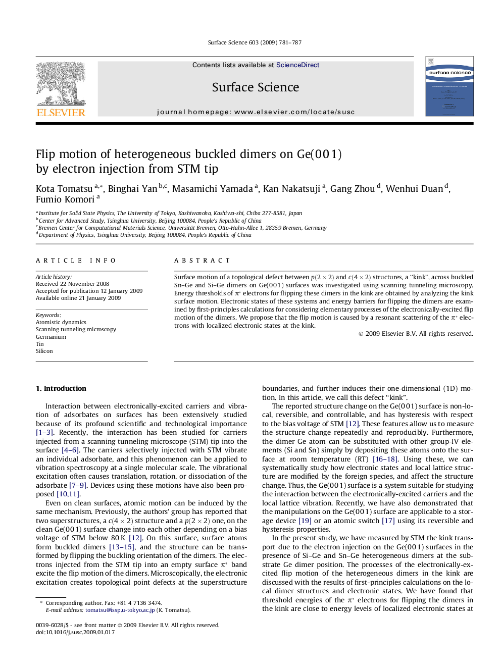 Flip motion of heterogeneous buckled dimers on Ge(0Â 0Â 1) by electron injection from STM tip