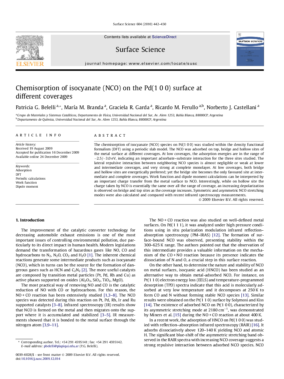 Chemisorption of isocyanate (NCO) on the Pd(1Â 0Â 0) surface at different coverages