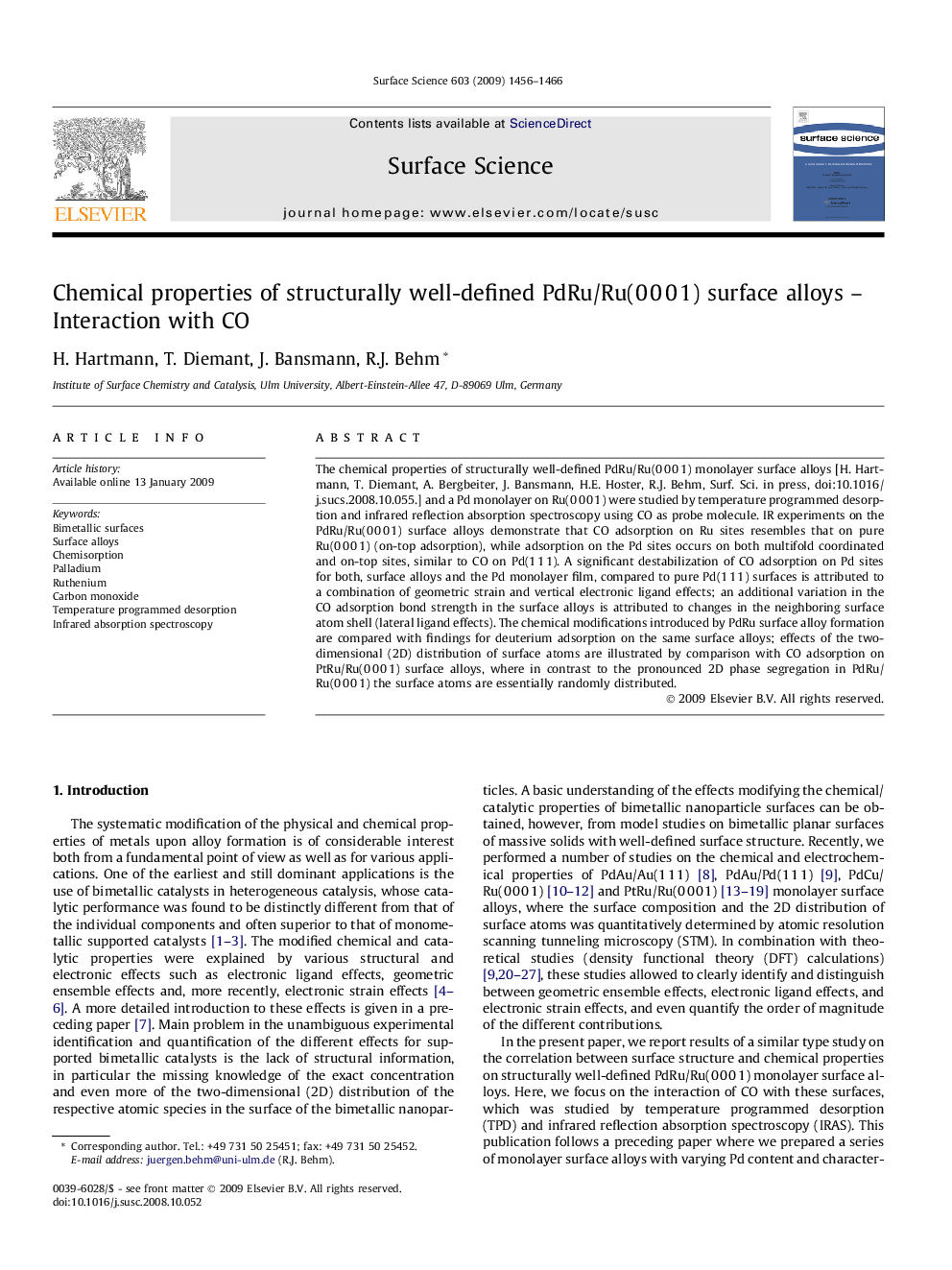 Chemical properties of structurally well-defined PdRu/Ru(0Â 0Â 0Â 1) surface alloys - Interaction with CO