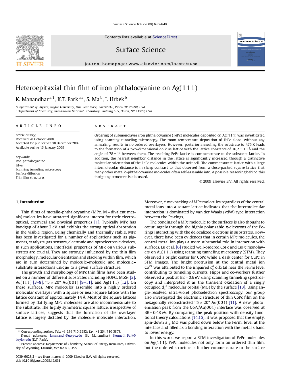 Heteroepitaxial thin film of iron phthalocyanine on Ag(1Â 1Â 1)