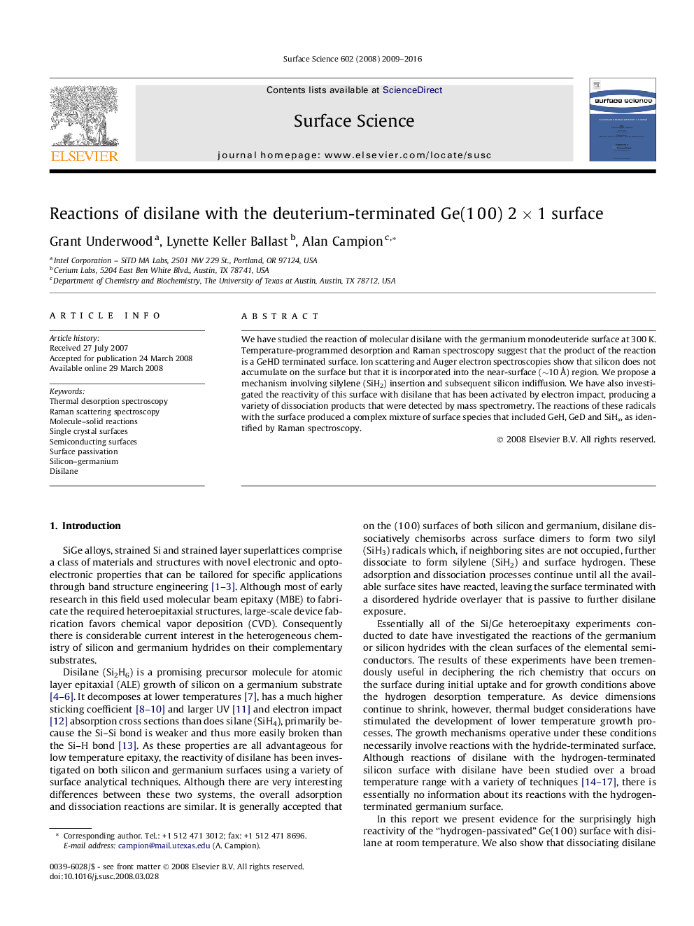 Reactions of disilane with the deuterium-terminated Ge(1Â 0Â 0) 2Â ÃÂ 1 surface