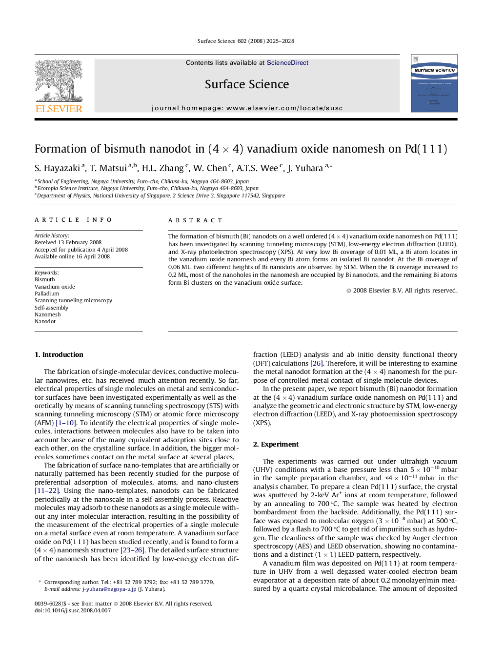 Formation of bismuth nanodot in (4Â ÃÂ 4) vanadium oxide nanomesh on Pd(1Â 1Â 1)