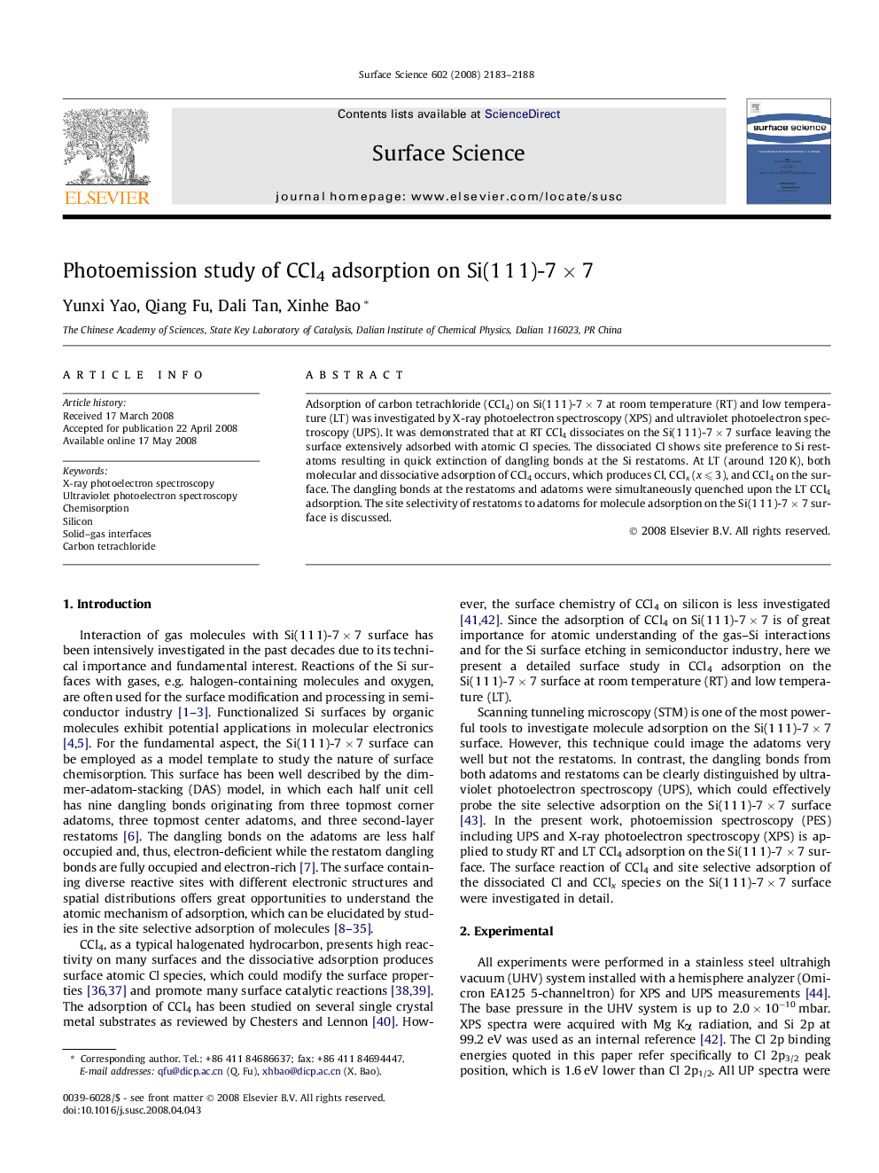 Photoemission study of CCl4 adsorption on Si(1Â 1Â 1)-7Â ÃÂ 7