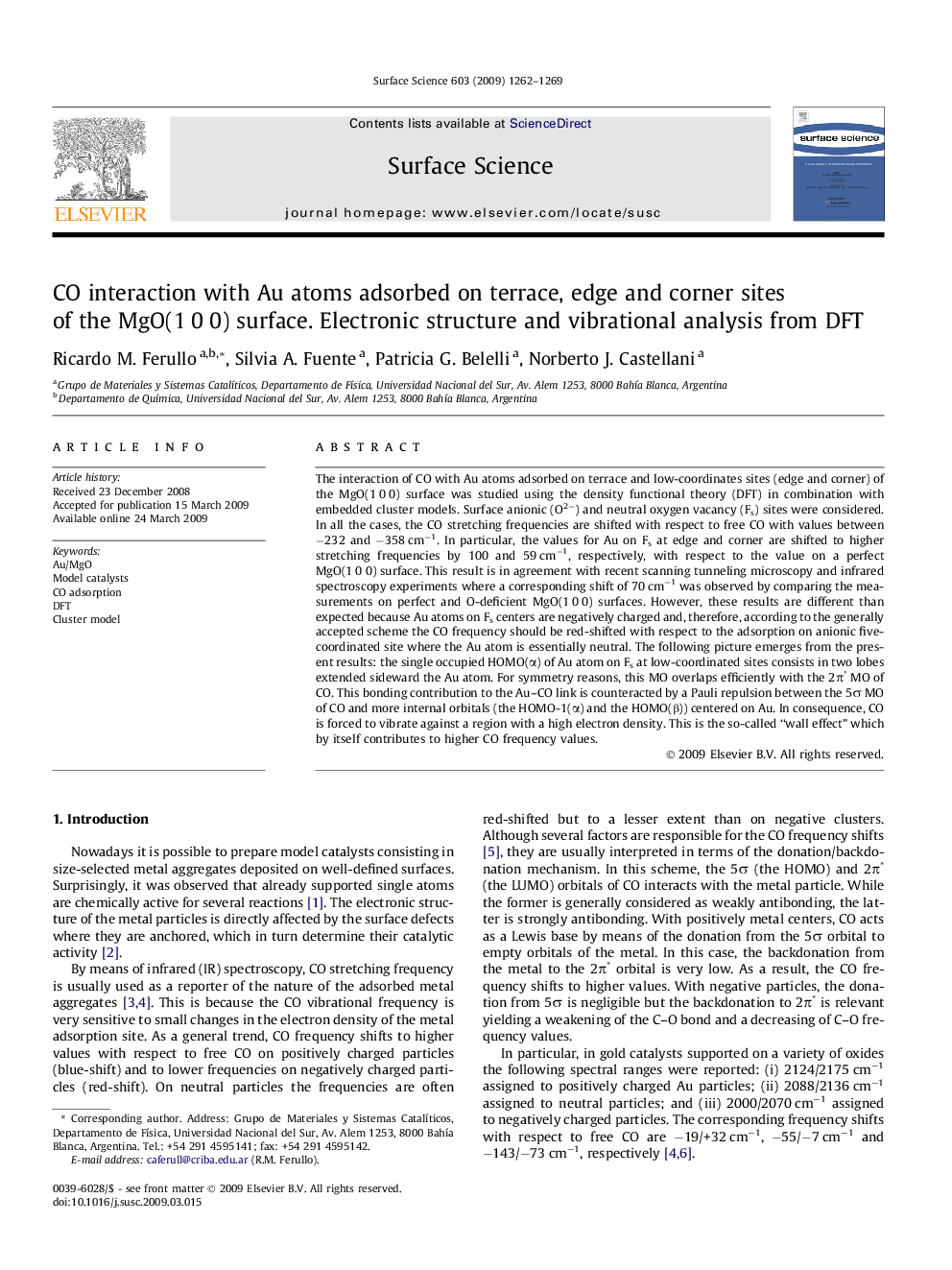 CO interaction with Au atoms adsorbed on terrace, edge and corner sites of the MgO(1Â 0Â 0) surface. Electronic structure and vibrational analysis from DFT