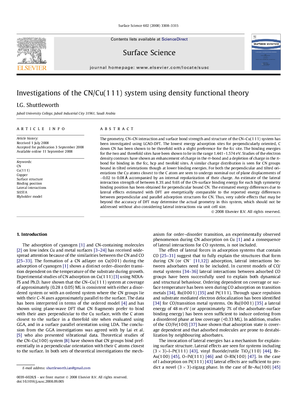 Investigations of the CN/Cu(1Â 1Â 1) system using density functional theory