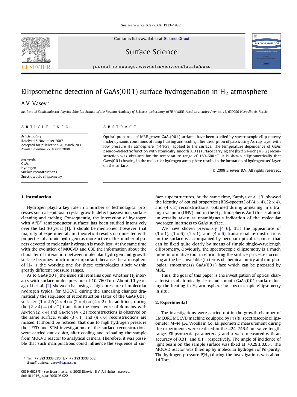 Ellipsometric detection of GaAs(0 0 1) surface hydrogenation in H2 atmosphere