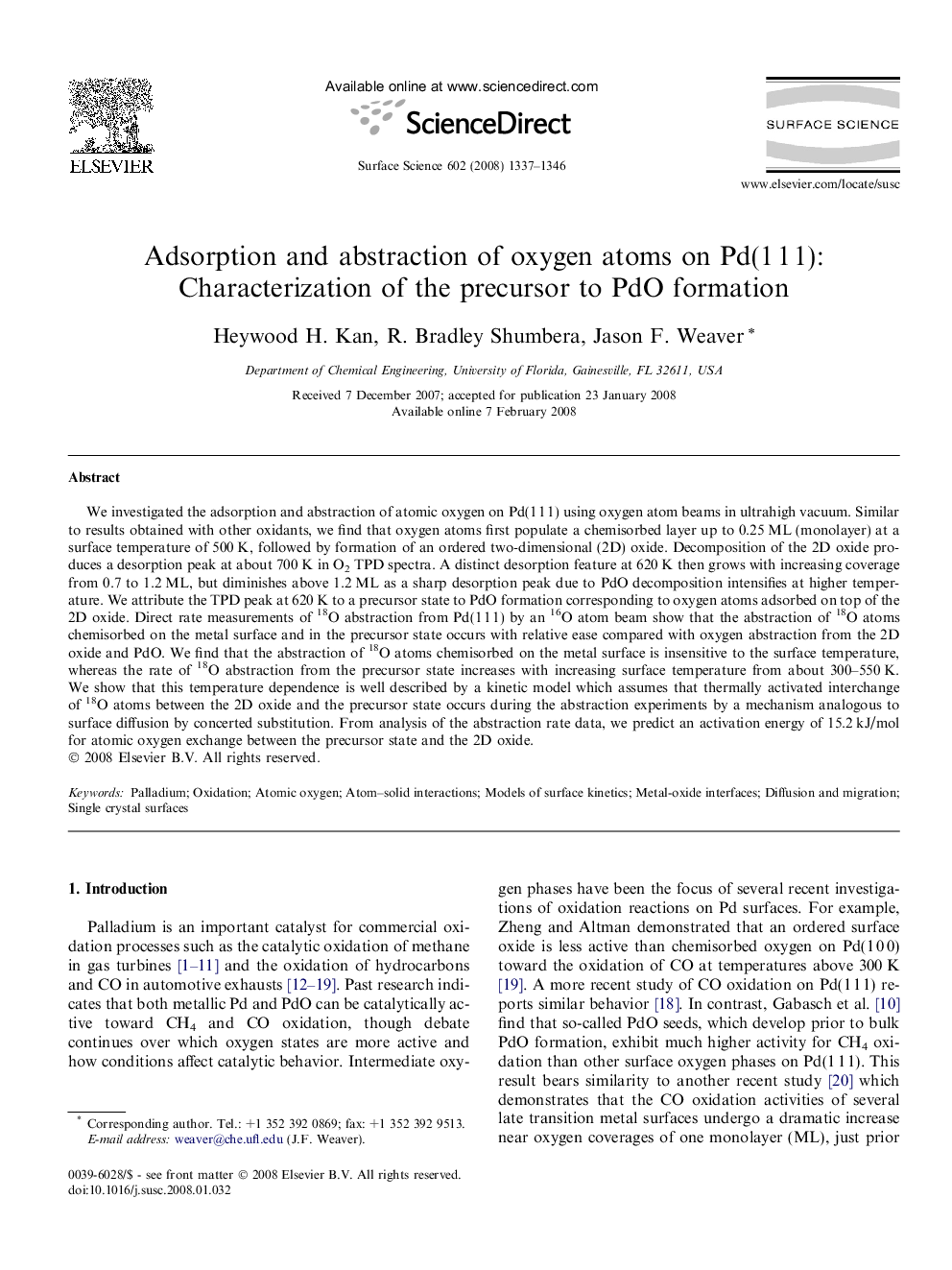 Adsorption and abstraction of oxygen atoms on Pd(1 1 1): Characterization of the precursor to PdO formation