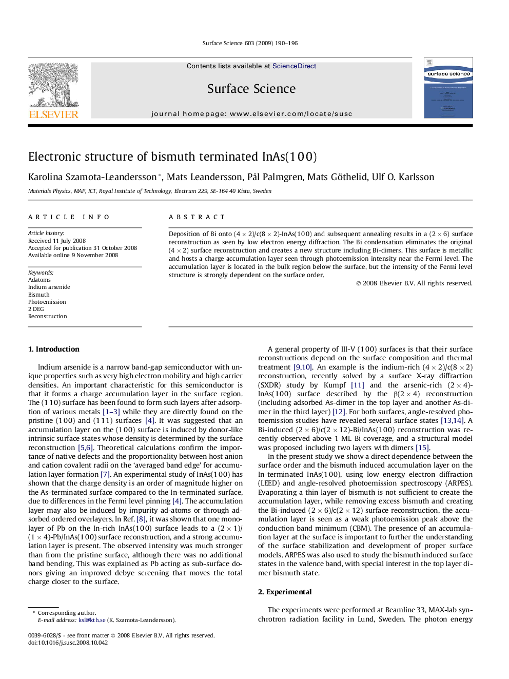 Electronic structure of bismuth terminated InAs(1Â 0Â 0)