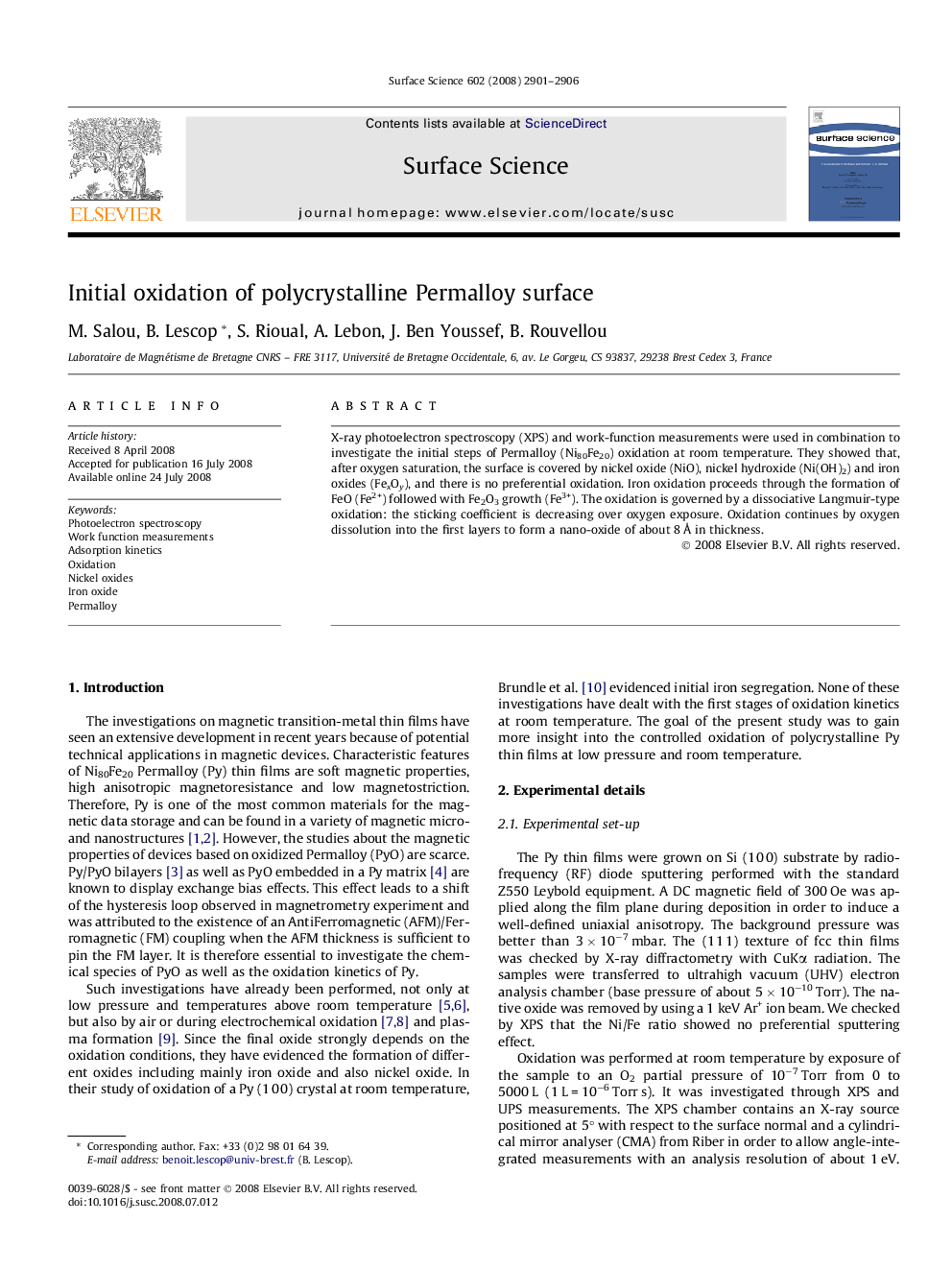 Initial oxidation of polycrystalline Permalloy surface