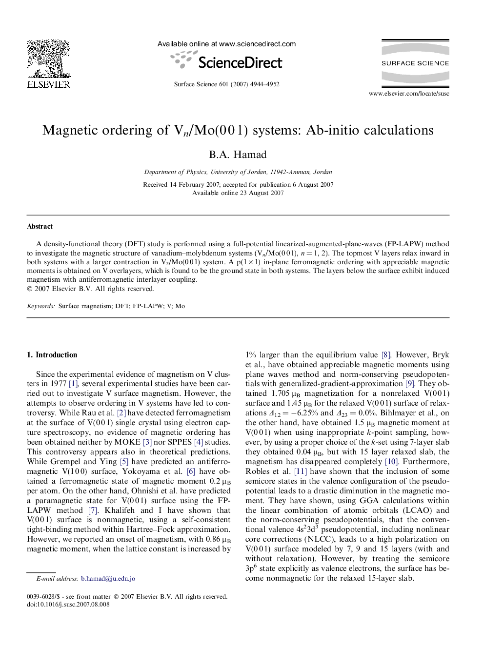 Magnetic ordering of Vn/Mo(0 0 1) systems: Ab-initio calculations