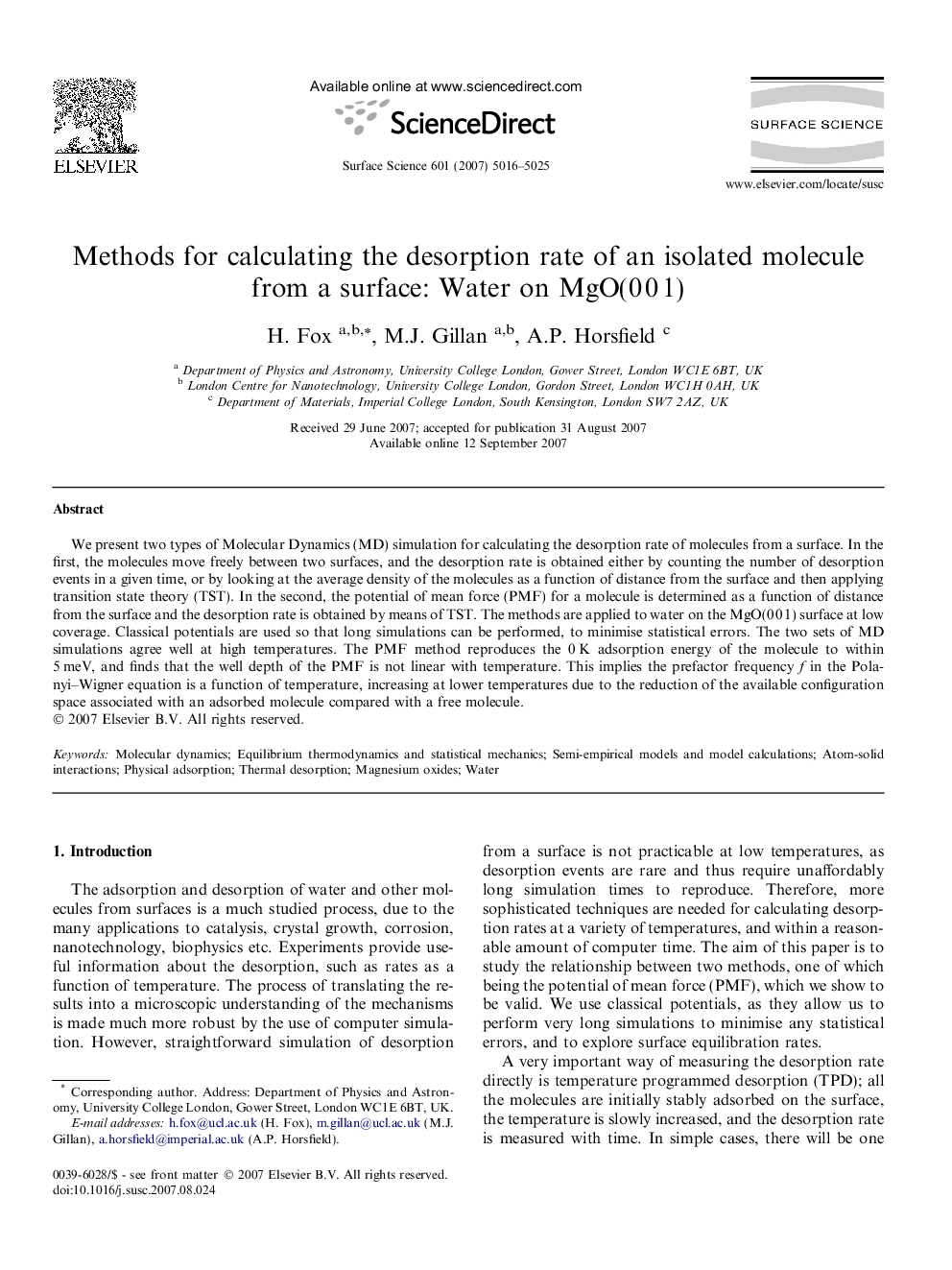 Methods for calculating the desorption rate of an isolated molecule from a surface: Water on MgO(0Â 0Â 1)