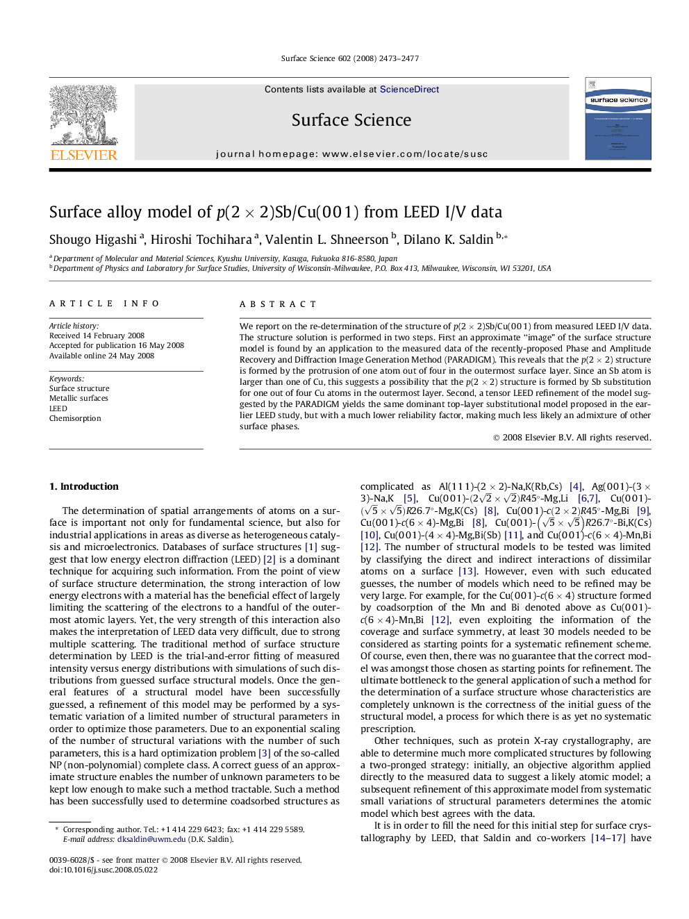 Surface alloy model of p(2 Ã 2)Sb/Cu(0 0 1) from LEED I/V data