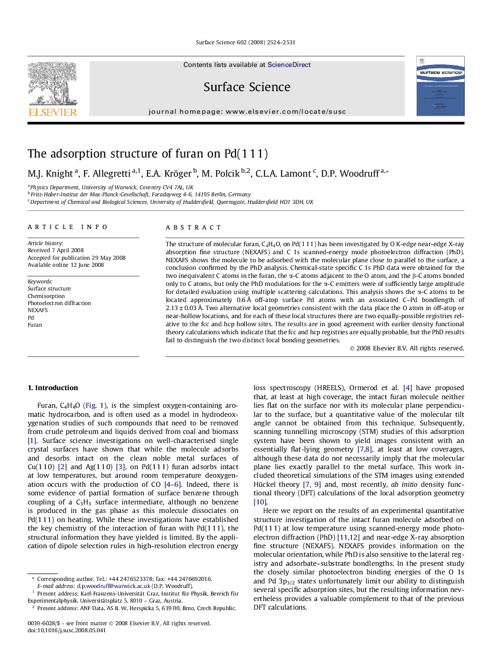 عکس صفحه اول مقاله: The adsorption structure of furan on Pd(1 1 1) The adsorption structure of furan on Pd(1 1 1)