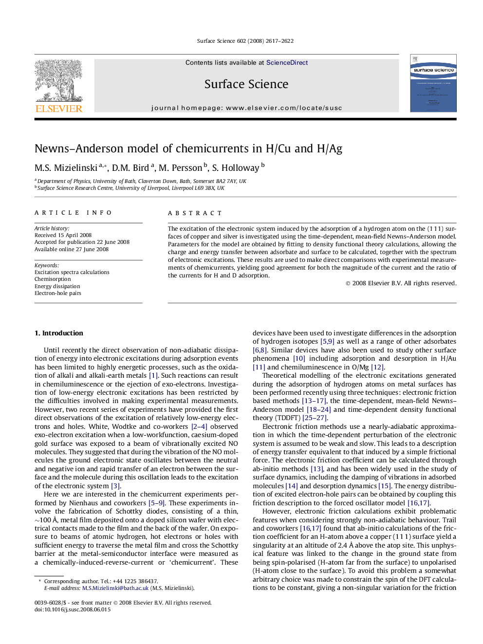 Newns-Anderson model of chemicurrents in H/Cu and H/Ag