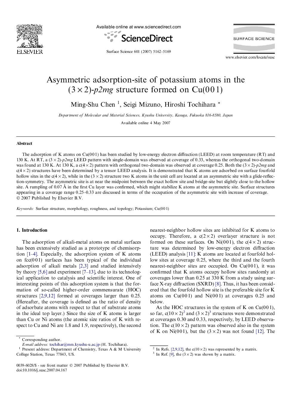 Asymmetric adsorption-site of potassium atoms in the (3Â ÃÂ 2)-p2mg structure formed on Cu(0Â 0Â 1)