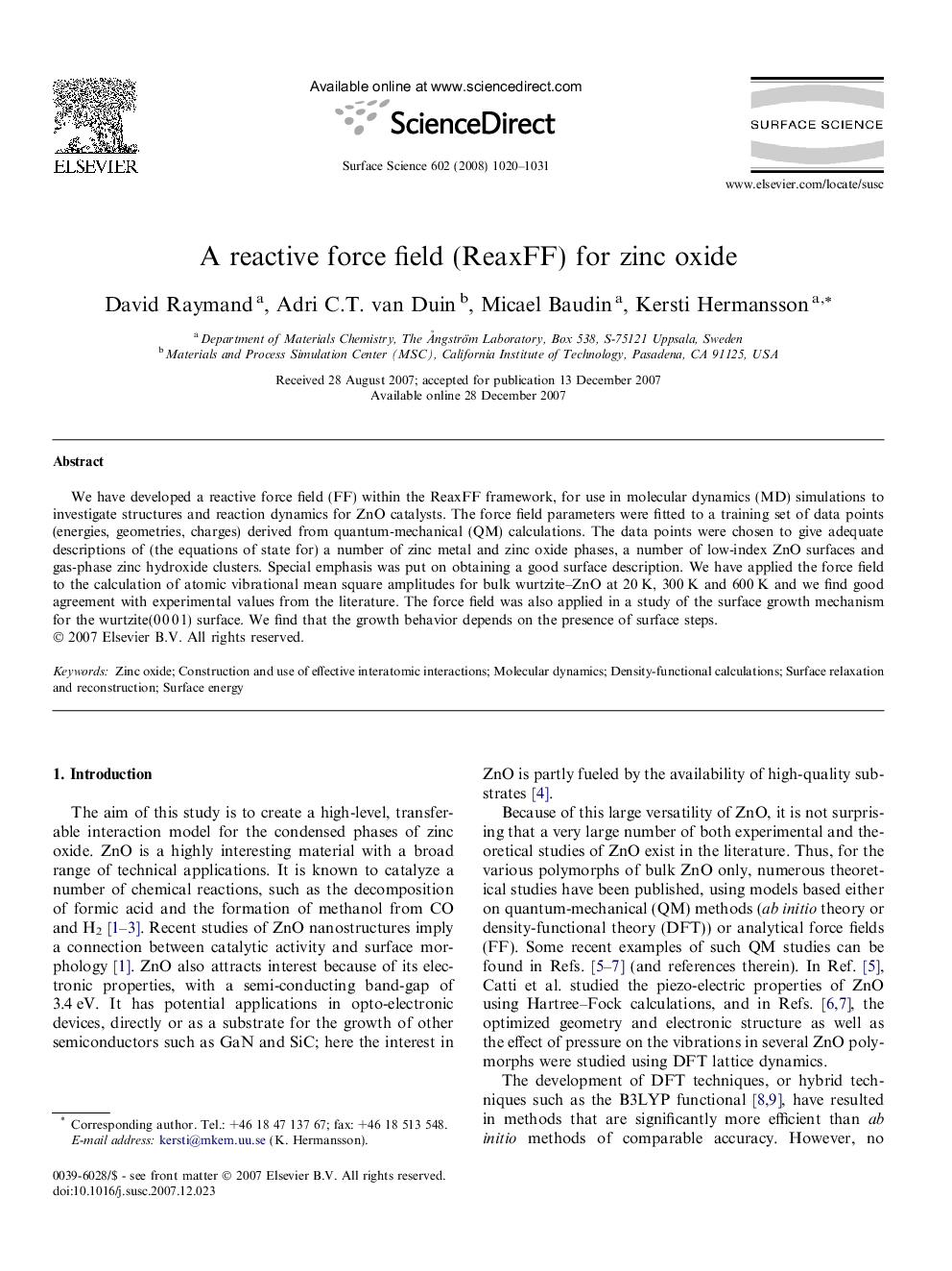 A reactive force field (ReaxFF) for zinc oxide