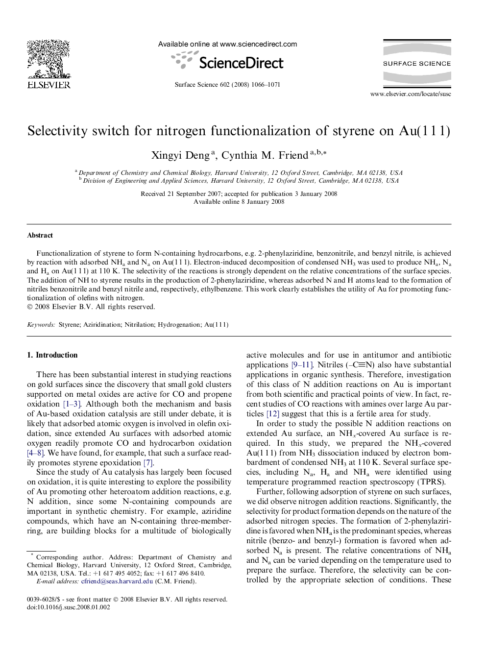 Selectivity switch for nitrogen functionalization of styrene on Au(1 1 1)