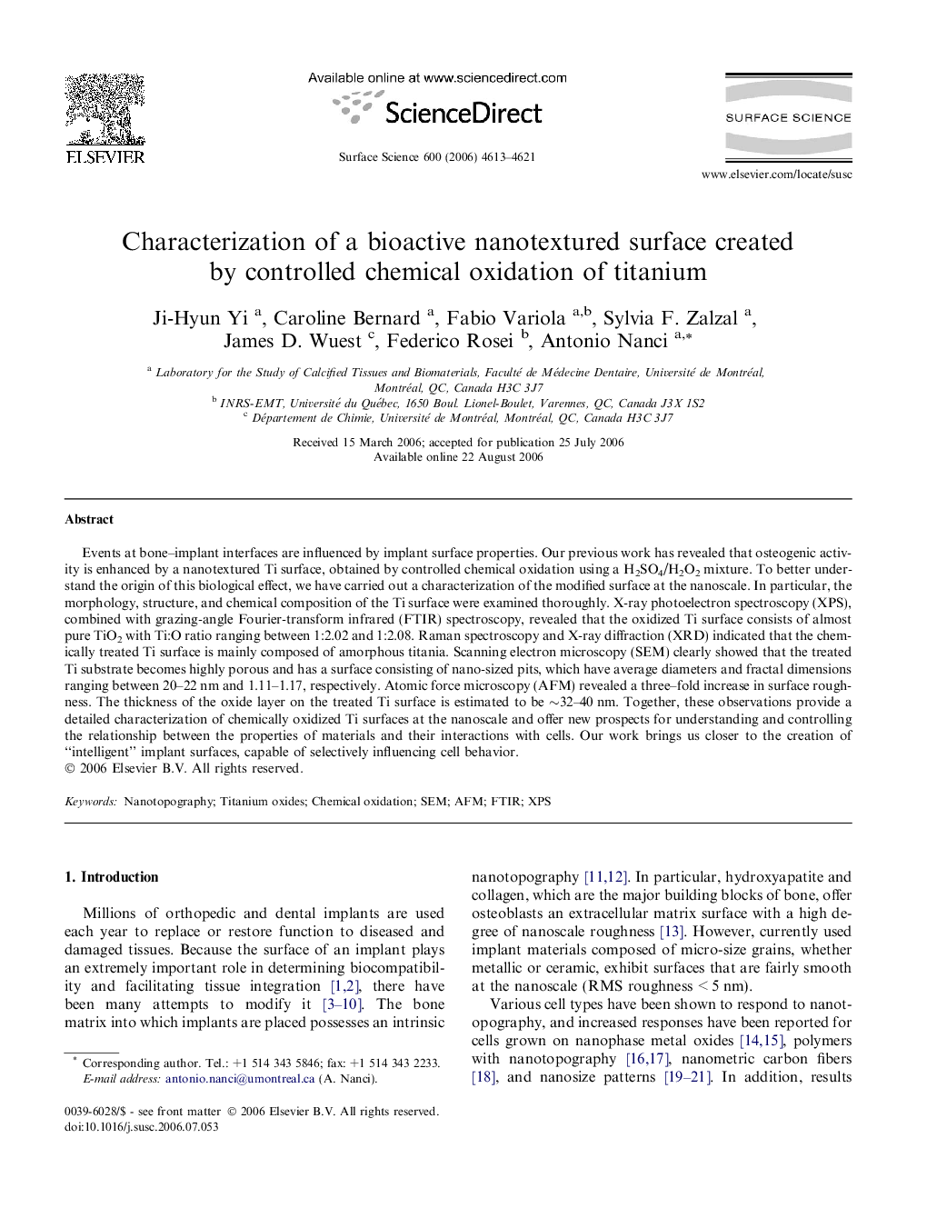 Characterization of a bioactive nanotextured surface created by controlled chemical oxidation of titanium