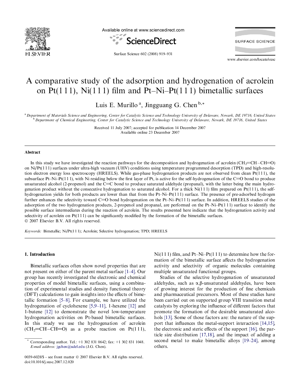 A comparative study of the adsorption and hydrogenation of acrolein on Pt(1 1 1), Ni(1 1 1) film and Pt-Ni-Pt(1 1 1) bimetallic surfaces