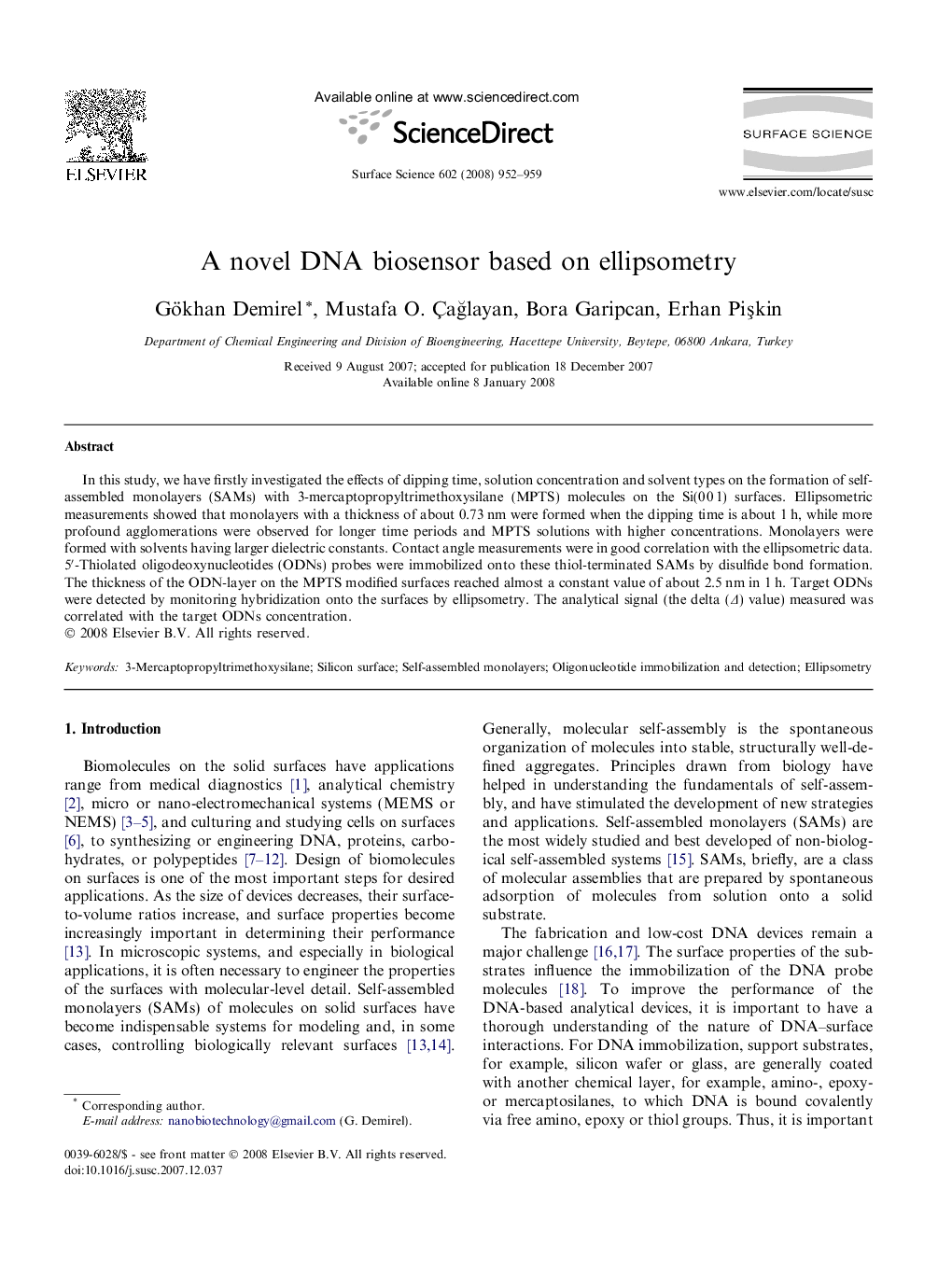 A novel DNA biosensor based on ellipsometry