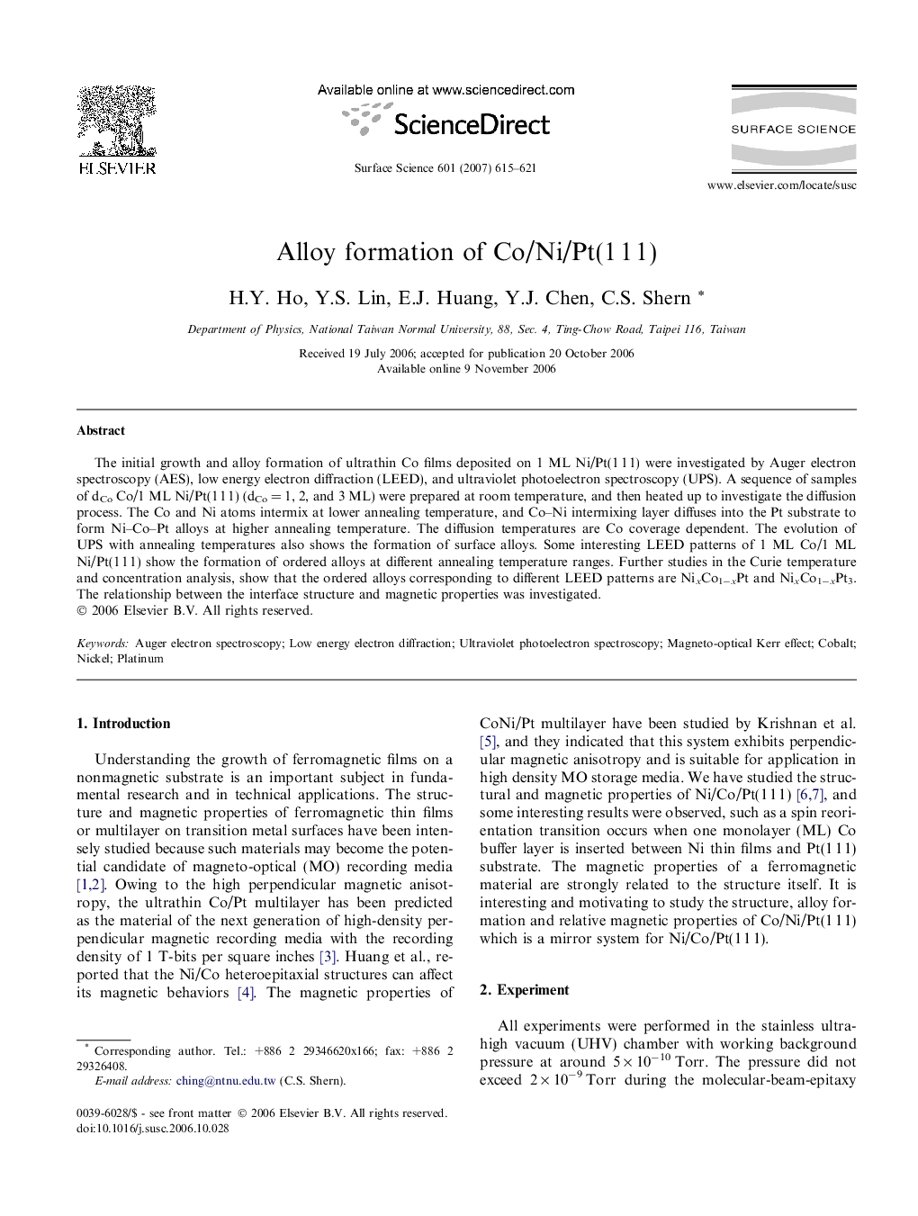 Alloy formation of Co/Ni/Pt(1 1 1)
