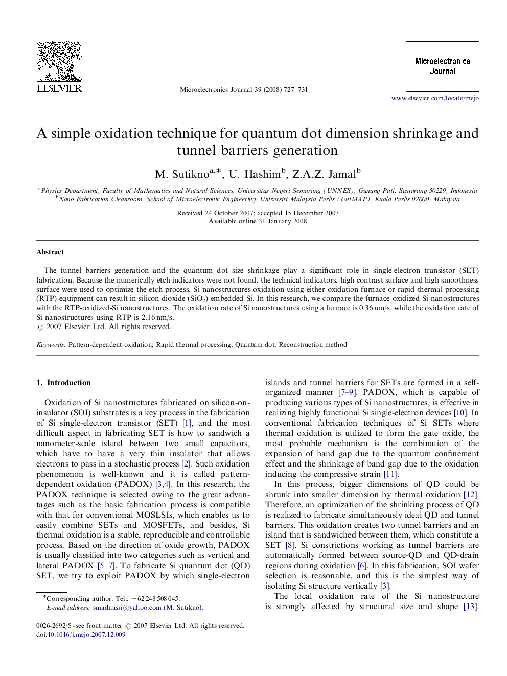 A simple oxidation technique for quantum dot dimension shrinkage and tunnel barriers generation