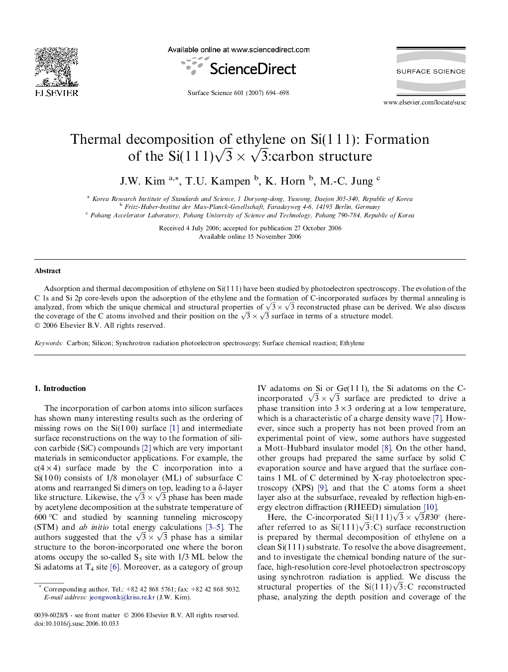 Thermal decomposition of ethylene on Si(1 1 1): Formation of the Si(1 1 1)3Ã3:carbon structure