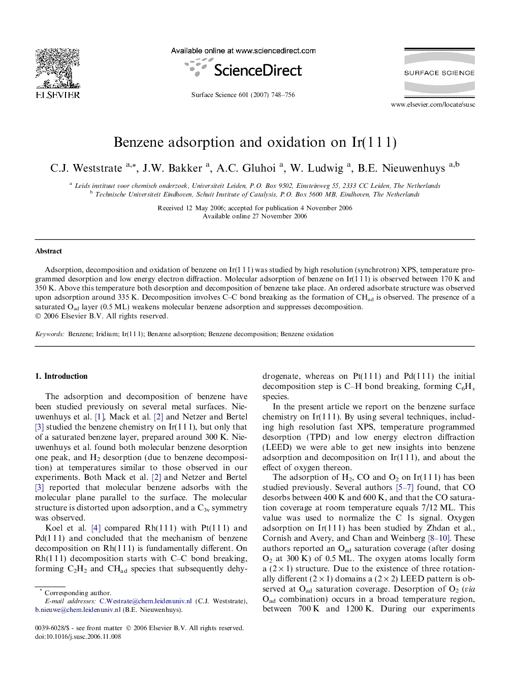 Benzene adsorption and oxidation on Ir(1 1 1)