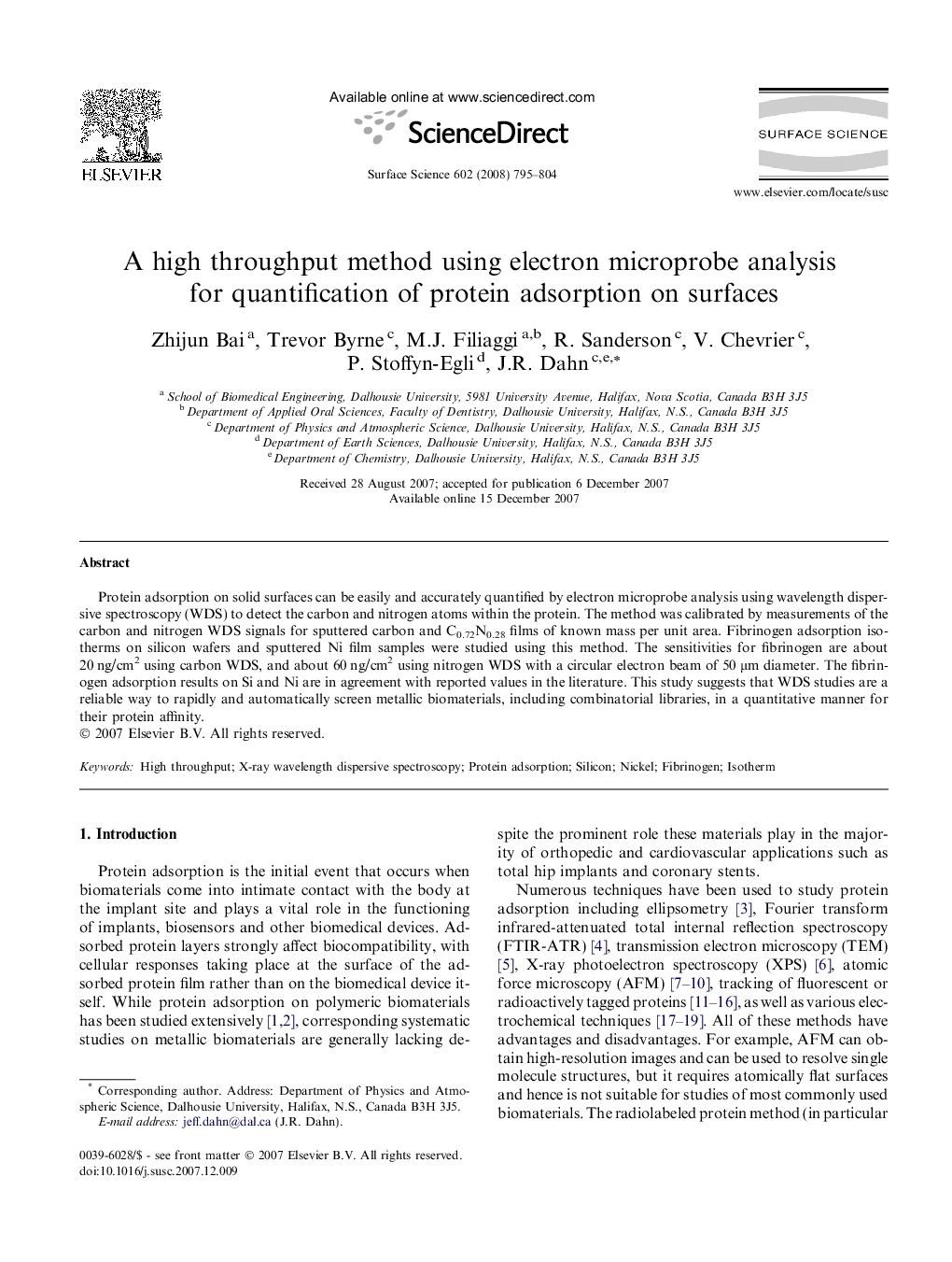 عکس صفحه اول مقاله: A high throughput method using electron microprobe analysis for quantification of protein adsorption on surfaces A high throughput method using electron microprobe analysis for quantification of protein adsorption on surfaces