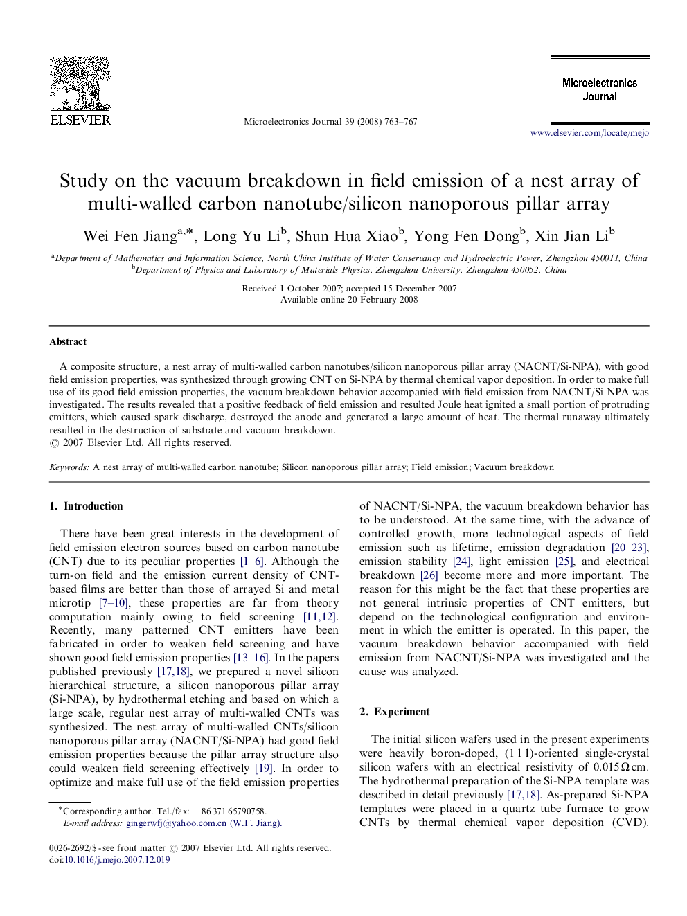 Study on the vacuum breakdown in field emission of a nest array of multi-walled carbon nanotube/silicon nanoporous pillar array