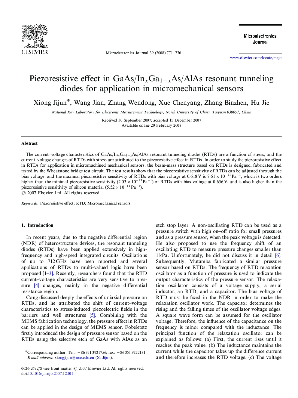 Piezoresistive effect in GaAs/InxGa1−xAs/AlAs resonant tunneling diodes for application in micromechanical sensors