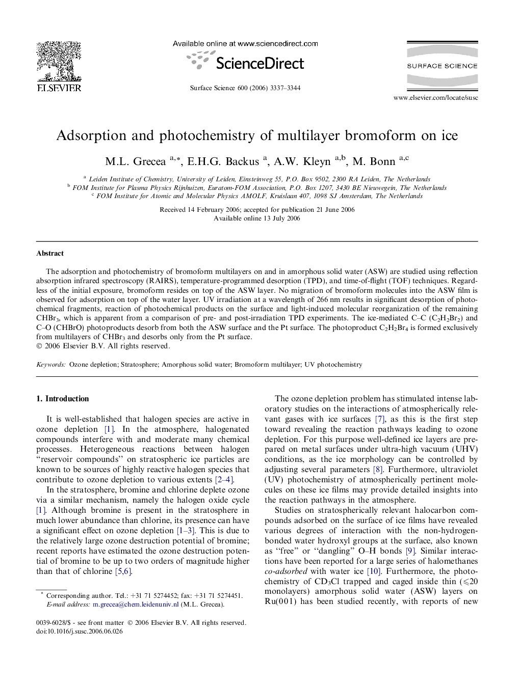 Adsorption and photochemistry of multilayer bromoform on ice