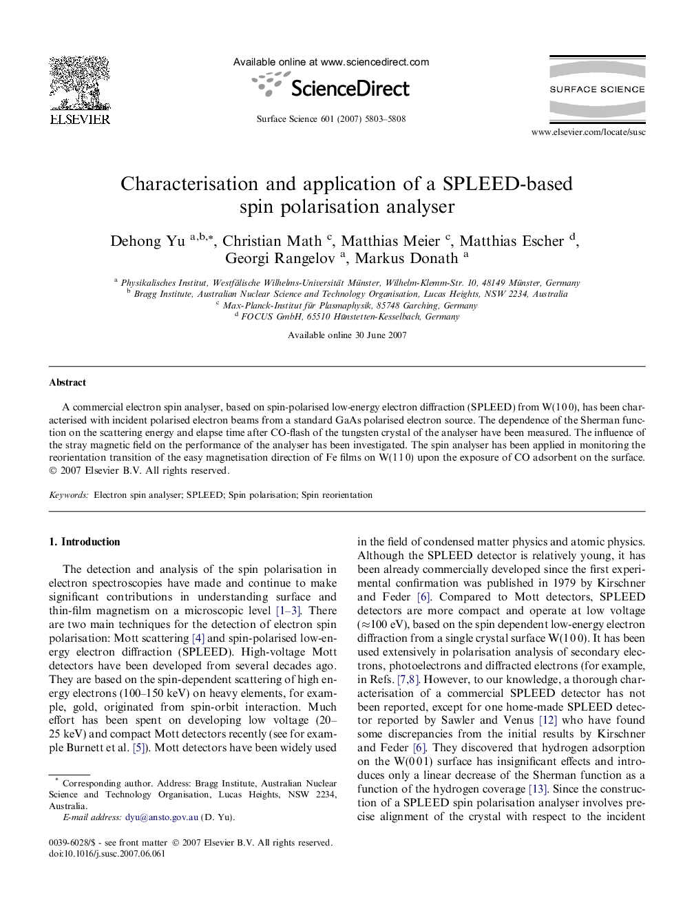 Characterisation and application of a SPLEED-based spin polarisation analyser