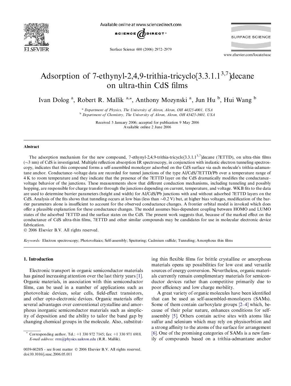 Adsorption of 7-ethynyl-2,4,9-trithia-tricyclo[3.3.1.13,7]decane on ultra-thin CdS films