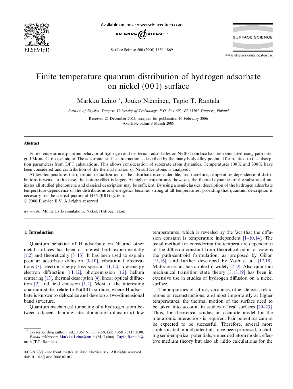 Finite temperature quantum distribution of hydrogen adsorbate on nickel (0 0 1) surface